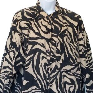 Vtg 80s A Personal Touch Womens Top Plus 20W Zebra Print Button Up Beige Black